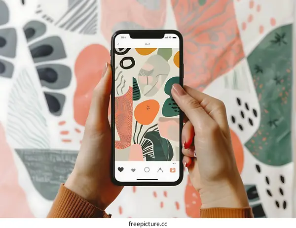 Woman Holding Smartphone Showing Abstract Art Design