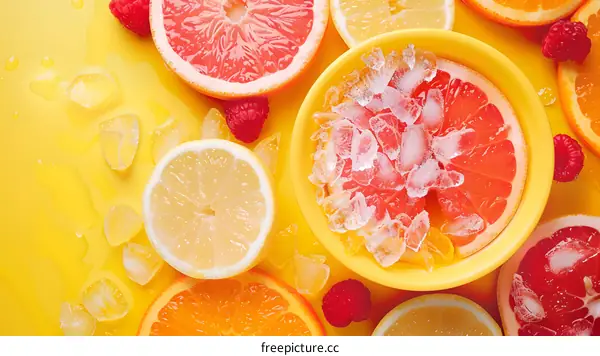 Citrus Fruit with Ice Cubes on Yellow Background