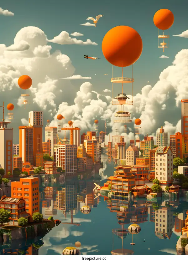 Surreal Cityscape with Floating Balloons
