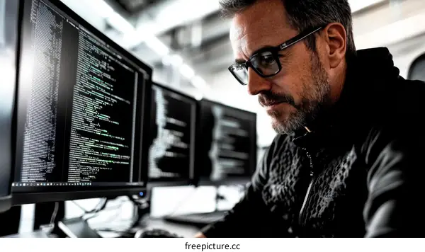 Focused Programmer Working on Multiple Computer Screens