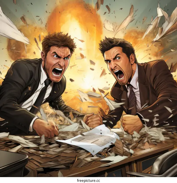 Two Businessmen Arguing with a Distant Explosion in the Background