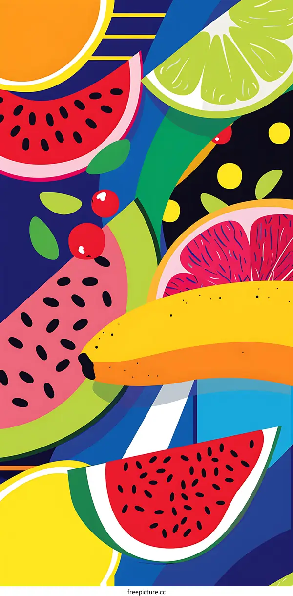 Colorful Abstract Illustration of Watermelon, Banana, Grapefruit, and Lime
