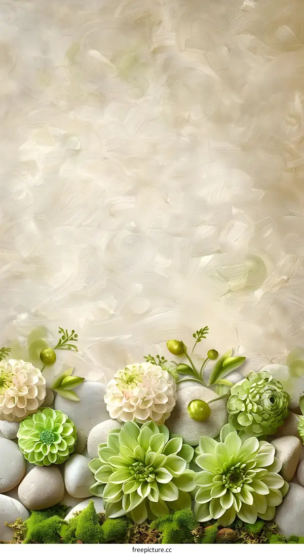 Green Floral Background with White Flowers and Stones