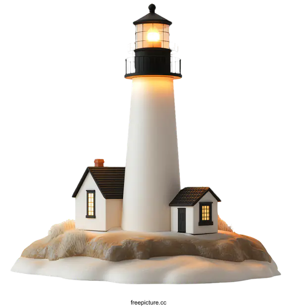 [Transparent Background PNG]Lighthouse and Cottage Scene Illustration