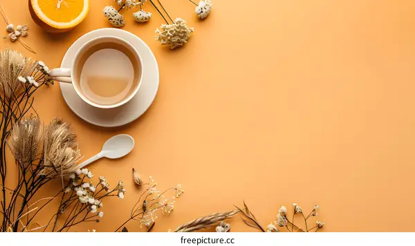 Flat Lay Composition of Teacup and Dried Flowers on Orange Background