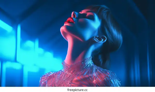 Portrait of a young woman with bright makeup and blue and red neon lights in the background