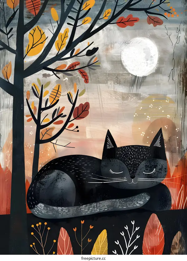 Black Cat Sleeping Under Autumn Moon