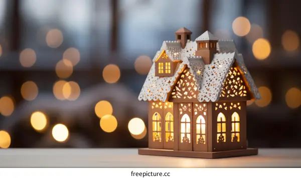 A wooden gingerbread house with intricate laser-cut details sits on a wooden table against a backdrop of warm, twinkling lights.