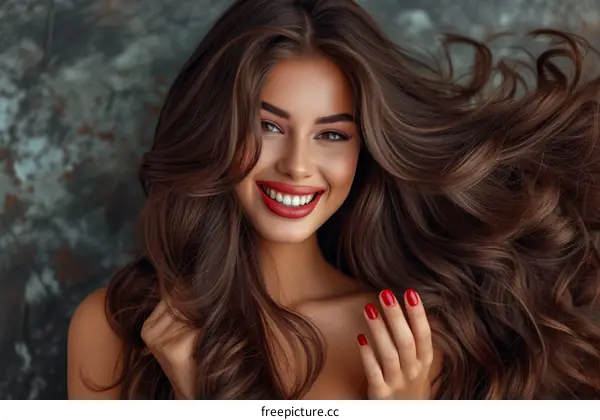 beautiful young woman with long brown hair smiling