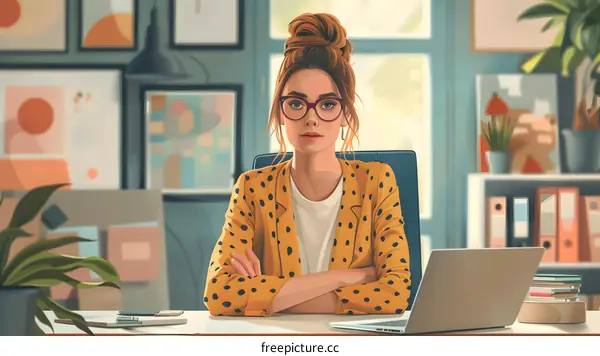 Illustration of a businesswoman sitting at her desk