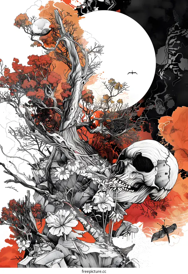Skull Tree with Flowers and Moon