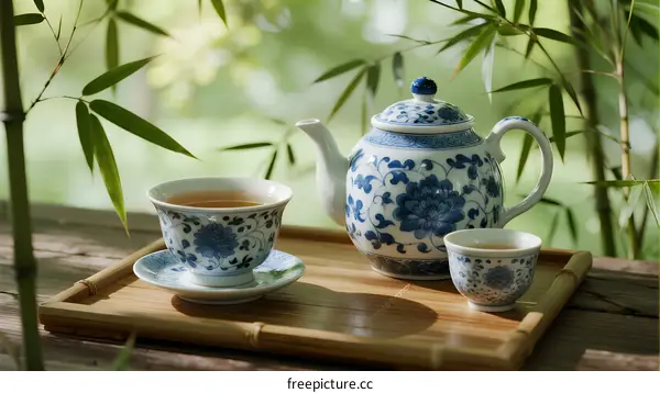 Traditional Chinese Tea Set with Bamboo Background in Garden