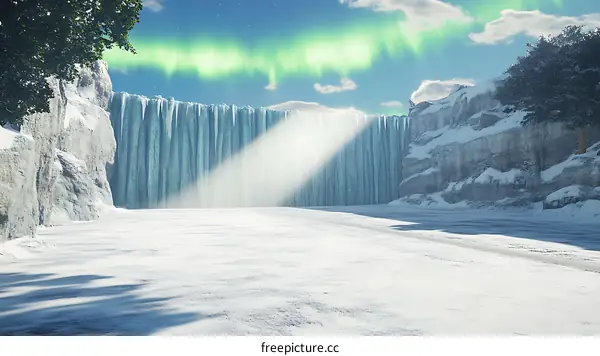 Winter Landscape with Frozen Waterfall and Aurora Borealis
