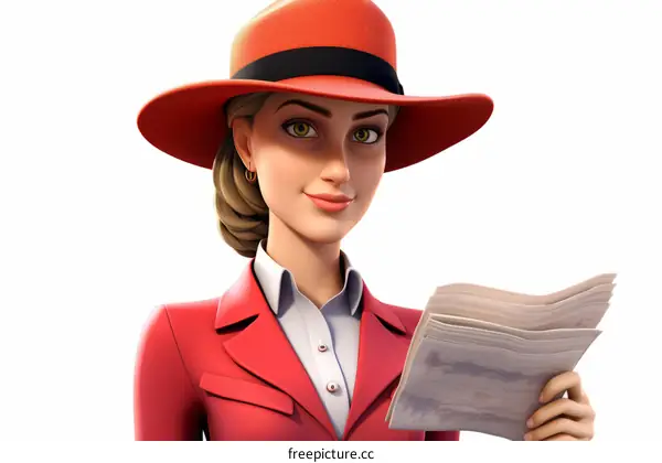 Confident Businesswoman in Red Attire Reading a Newspaper