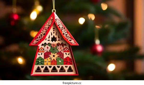 A wooden Christmas ornament hanging in front of a blurry Christmas tree.