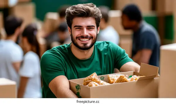 Volunteer Carrying Food Donation Box in Warehouse