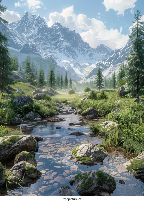 Rocks in a River in a Valley with Snow Capped Mountains