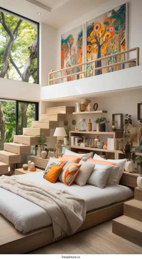 Modern bedroom interior design with large windows and a cozy bed