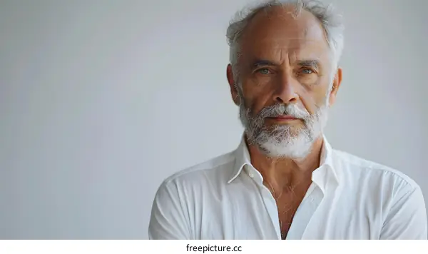 Portrait of a Caucasian Senior Man with White Hair and Beard in White Shirt