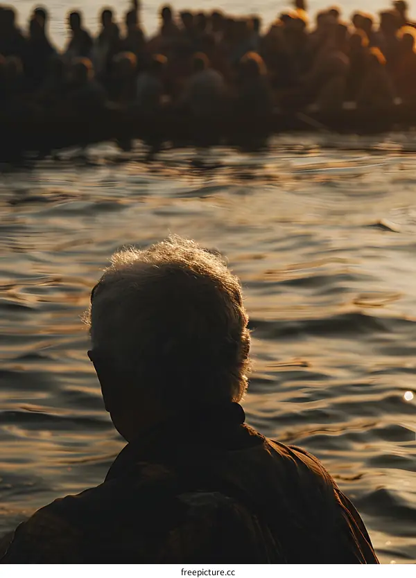 Silhouette of a Man Looking Out at a Crowd of People in a Boat on a River