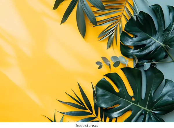 Tropical Leaves on Yellow and Blue Background