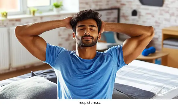 Relaxing Man Stretching in a Modern Bedroom