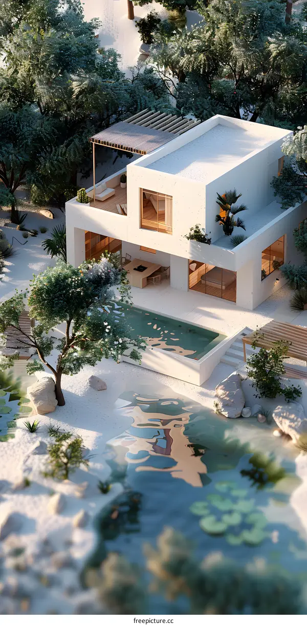 A modern house with a pool in a beautiful landscape