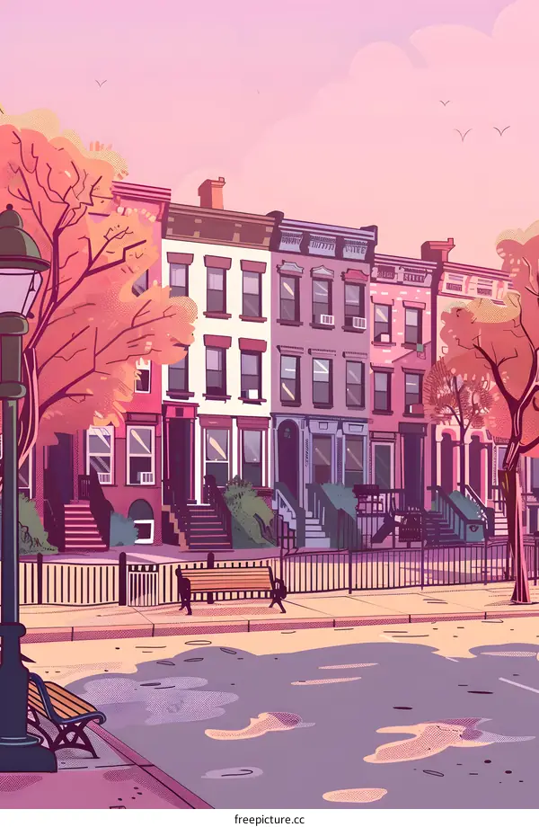 Colorful Row Houses in Urban Landscape Illustration