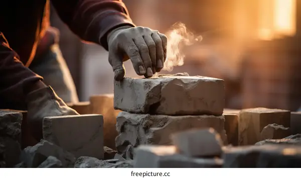 Construction worker laying bricks on a building site