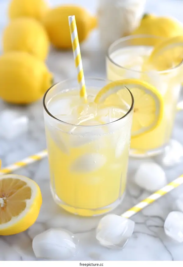 Glass of Refreshing Lemonade with Ice and Lemon Slices