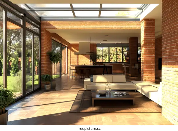 Modern Living Room Interior Design With Brick Walls and Glass Doors