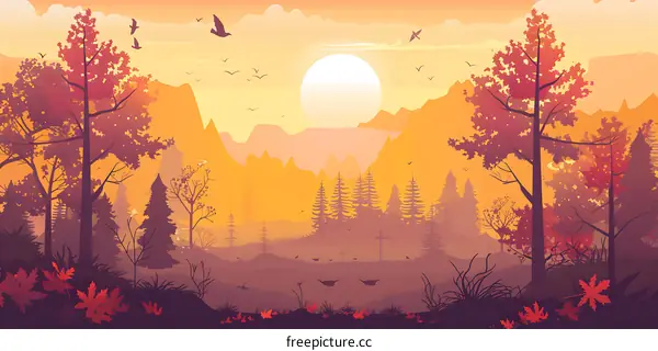 Autumn Forest Sunset Landscape Illustration