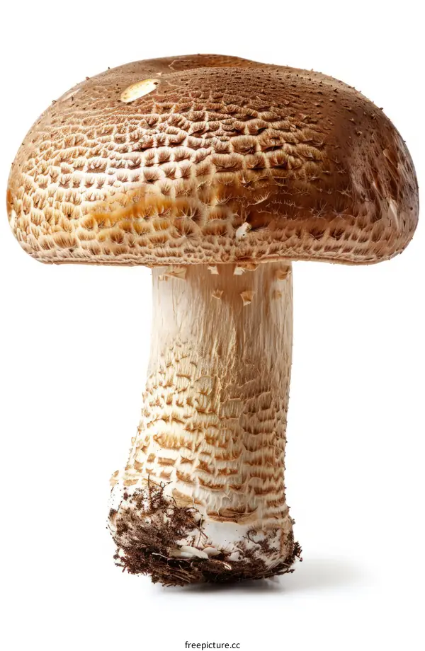 Single brown mushroom on white background