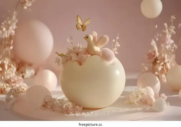 Pink and White Easter Egg Decoration with Bird and Butterfly