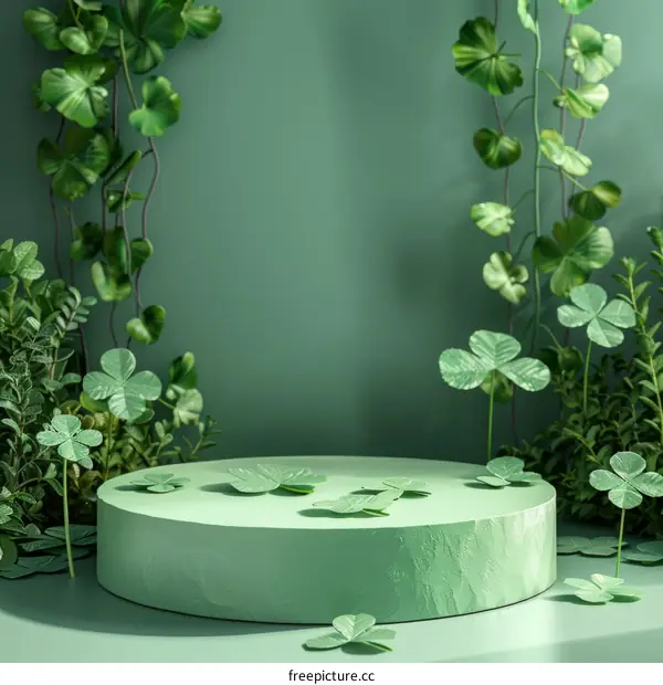 Green podium with clovers for St Patrick's Day. 3D rendering.