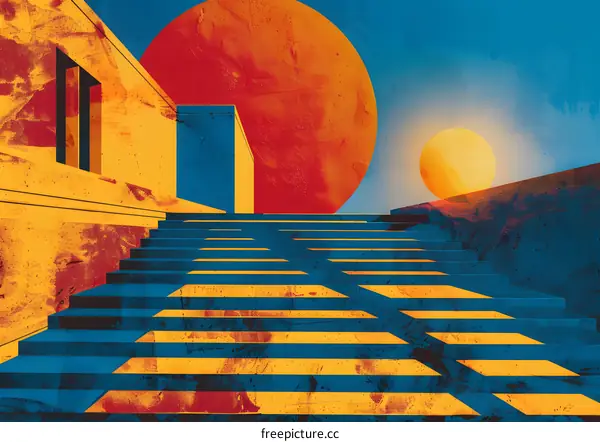 Abstract Illustration of Stairs Leading Up to a Yellow Sun and a Red Sun