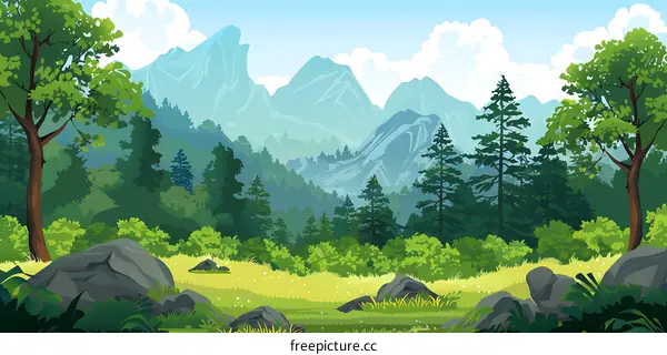 Mountain Landscape with Trees and Rocks Illustration