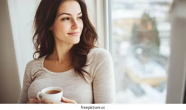 Woman Enjoying a Warm Drink by the Window