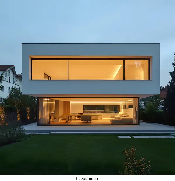Modern House with Large Windows and Green Lawn