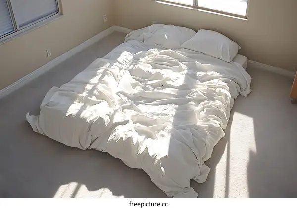 White Bed Sheets With Sun Light In Bedroom