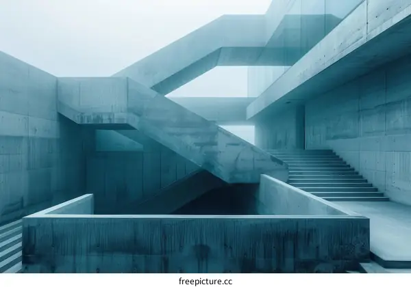 An empty concrete building with stairs and a balcony