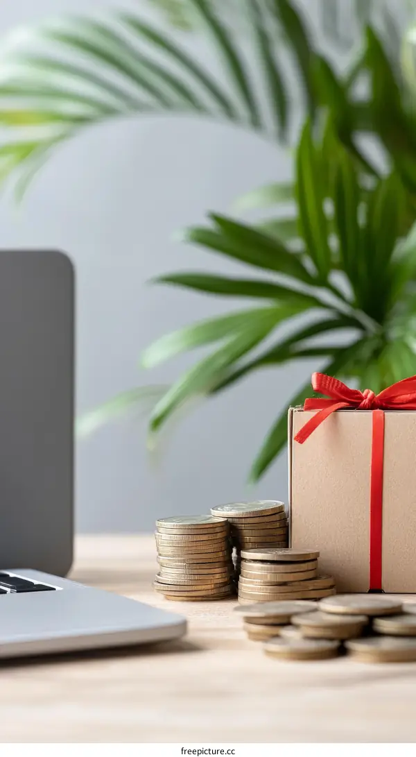 Gift and Coins on Wooden Tabletop