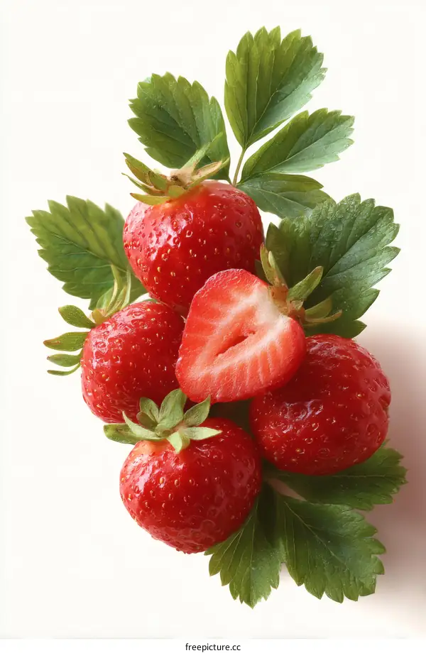 Fresh Strawberries with Leaves on White Background