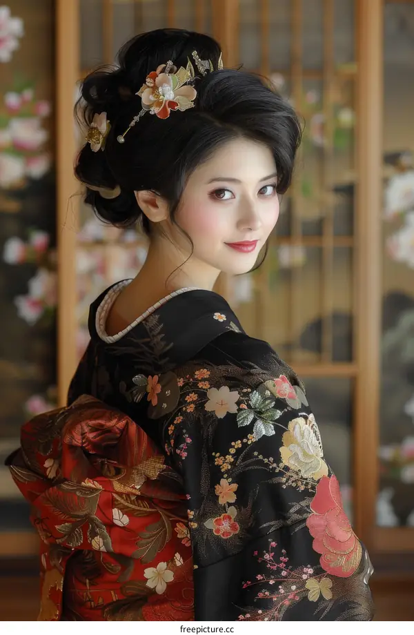 Portrait of a beautiful Japanese woman in traditional kimono