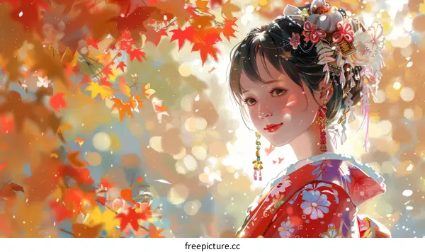A beautiful Japanese girl with traditional kimono and hair accessories is standing in a field of red maple leaves.