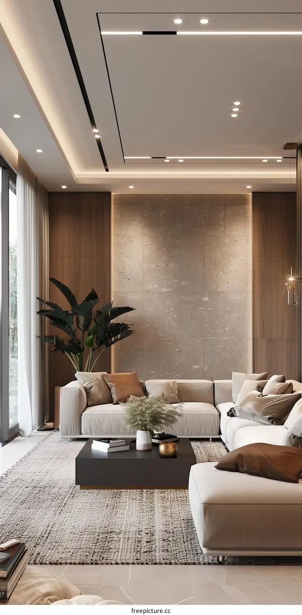 Modern Minimalist Living Room with Large Windows and Plants