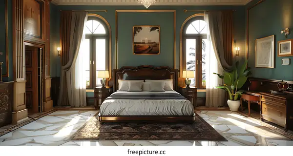 Luxurious bedroom with a large bed, two windows, and a plant