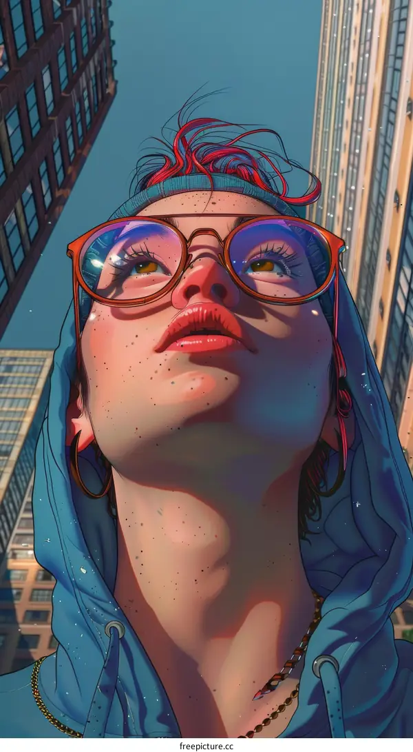 A woman wearing glasses looks up at a tall building