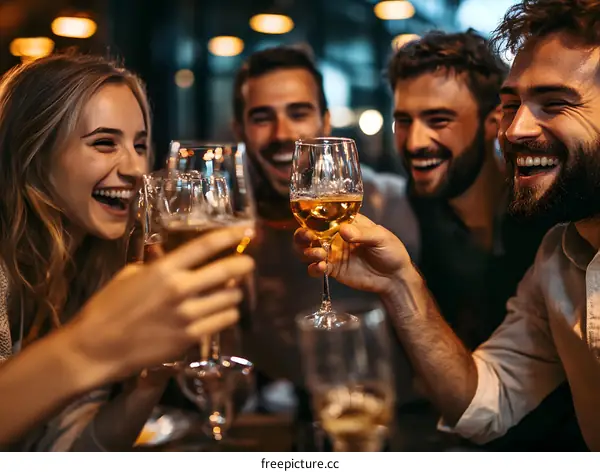 Friends Toasting with Drinks and Laughing in a Bar