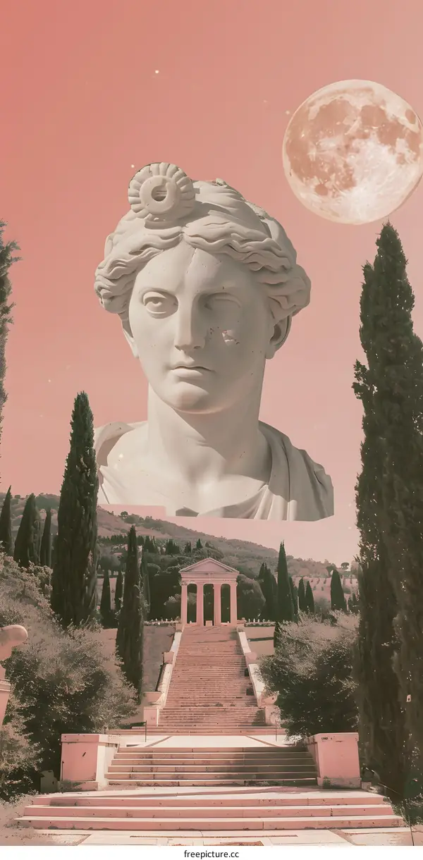 Ancient Greek Statue in a Pink Landscape with Steps